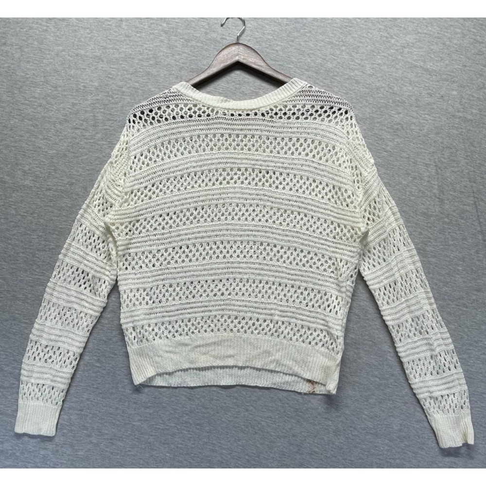 Pink Lily Open Knit Sweater Womens XS White Long Sleeve Ribbed Trim Crew Neck